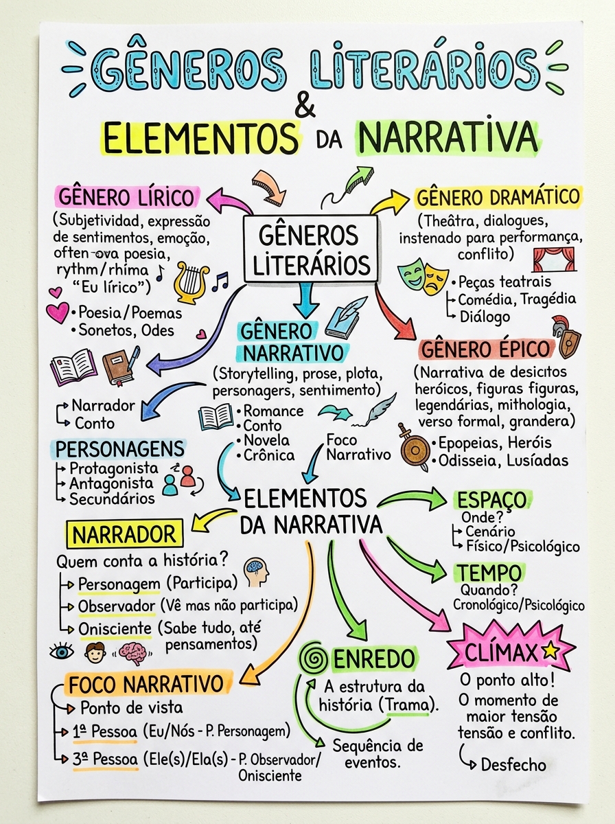 Mapa Visual A4 - Gêneros Literários & Narrativa